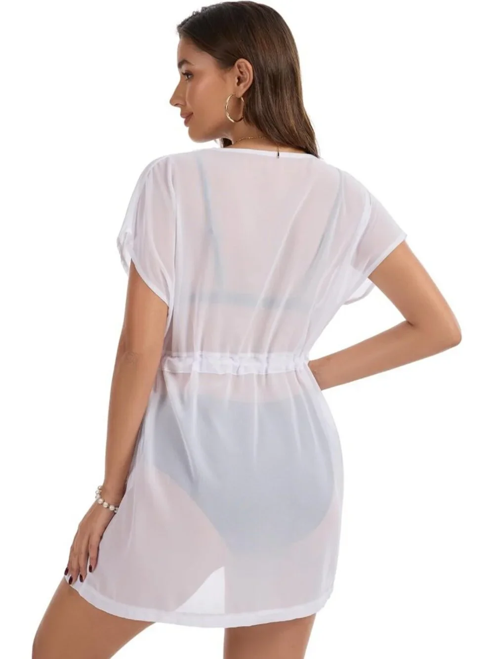 Womens White Polyester Coverup Beach Swimsuit Coverup Swimwear Dress V Neck